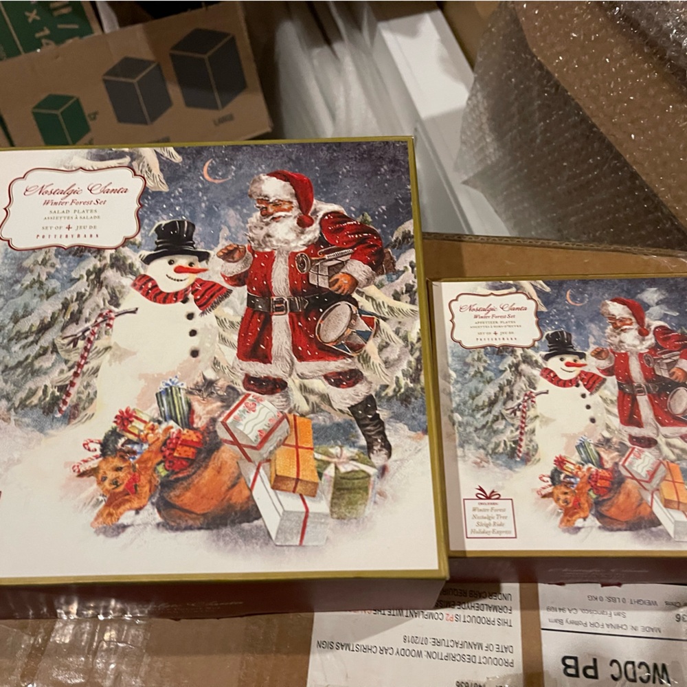 Pottery Barn Nostalgic Santa Winter Forrest App/dessert Plate Set of 4 - NIB